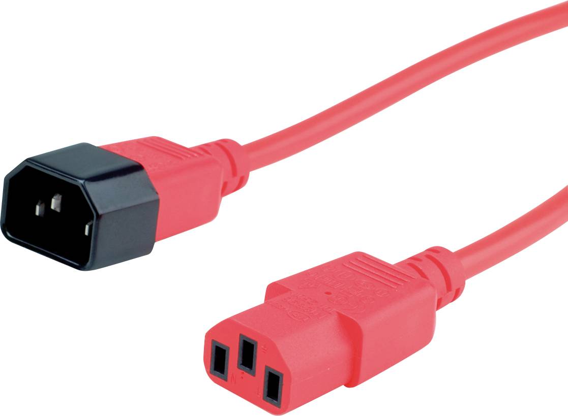 Rdeč mrežni kabel z vtičem C13 za električno napajanje in vtičem C14 za naprave. Pogosto se uporablja za električne priključke.