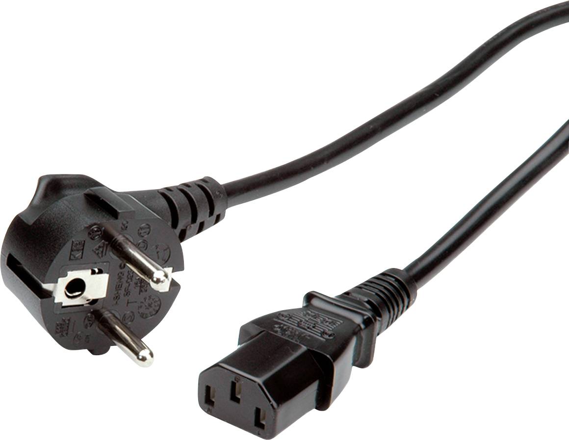 Črni napajalni kabel z evropskim vtičem in IEC C13 vtičnico, običajno uporabljen za računalnike in elektronske naprave.