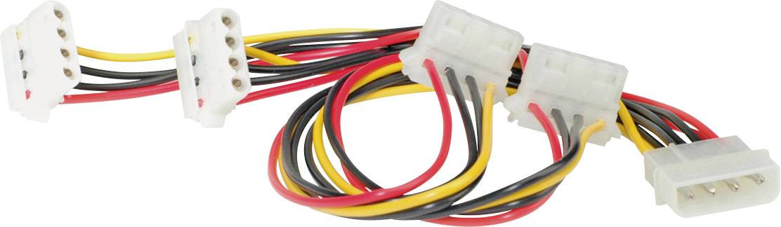 Kabel z več belimi vtiči in žicami v črni, rdeči in rumeni barvi. Običajno se uporablja za napajanje v računalnikih.