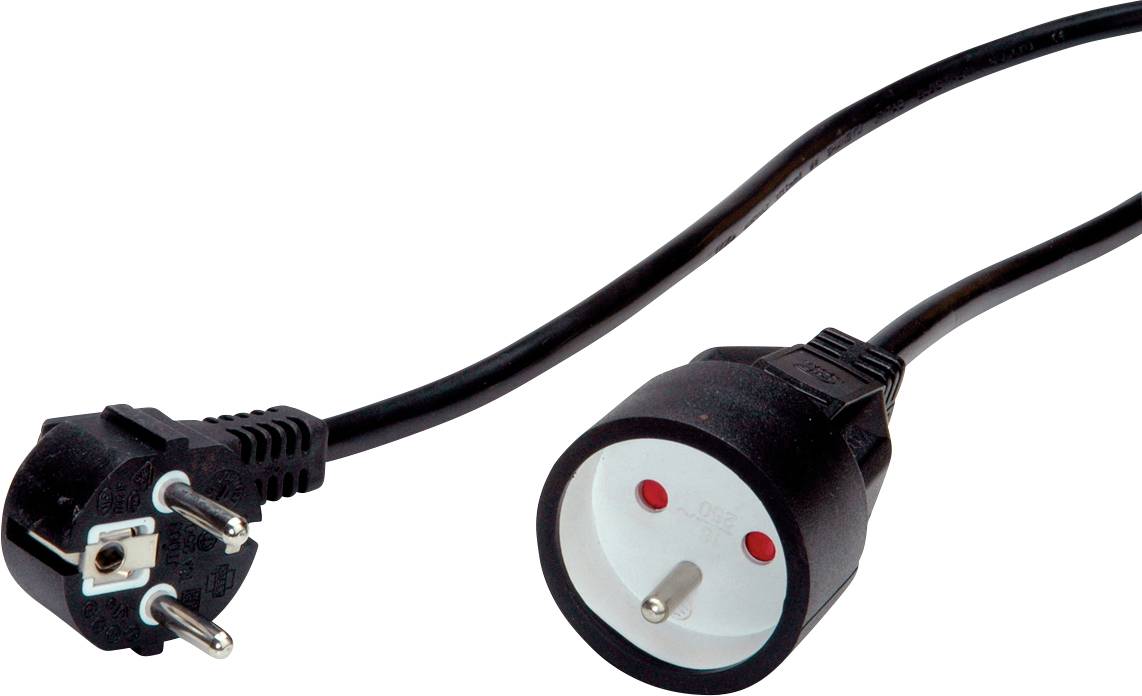 'Črn mrežni kabel z dvema euroklučema, eden moški in eden ženski, na beli podlagi.'