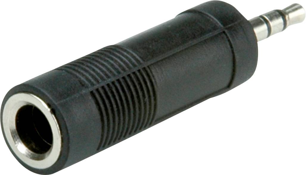 Črn avdio adapter s 3,5 mm vtičem in 6,3 mm priključkom, pogosto uporabljen za povezovanje slušalk ali avdio naprav.