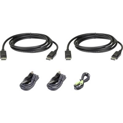 Dva DisplayPort kabla in tri USB kabli, eden z zelenimi in črnimi vtiči.