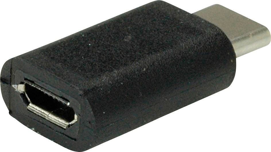 Adapter iz Micro-USB na USB-C, črn, leži na beli podlagi.