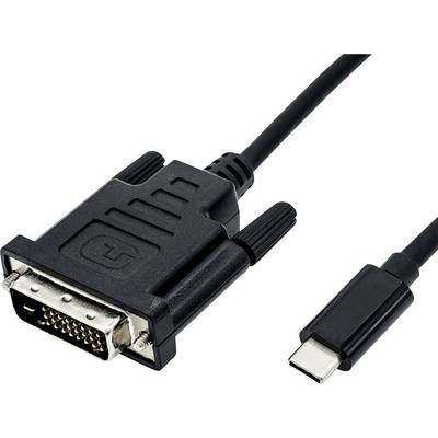 Črn DVI-do-USB-C adapter za kable, ki prikazuje dva različna priključka: DVI vtič in USB-C vtič.