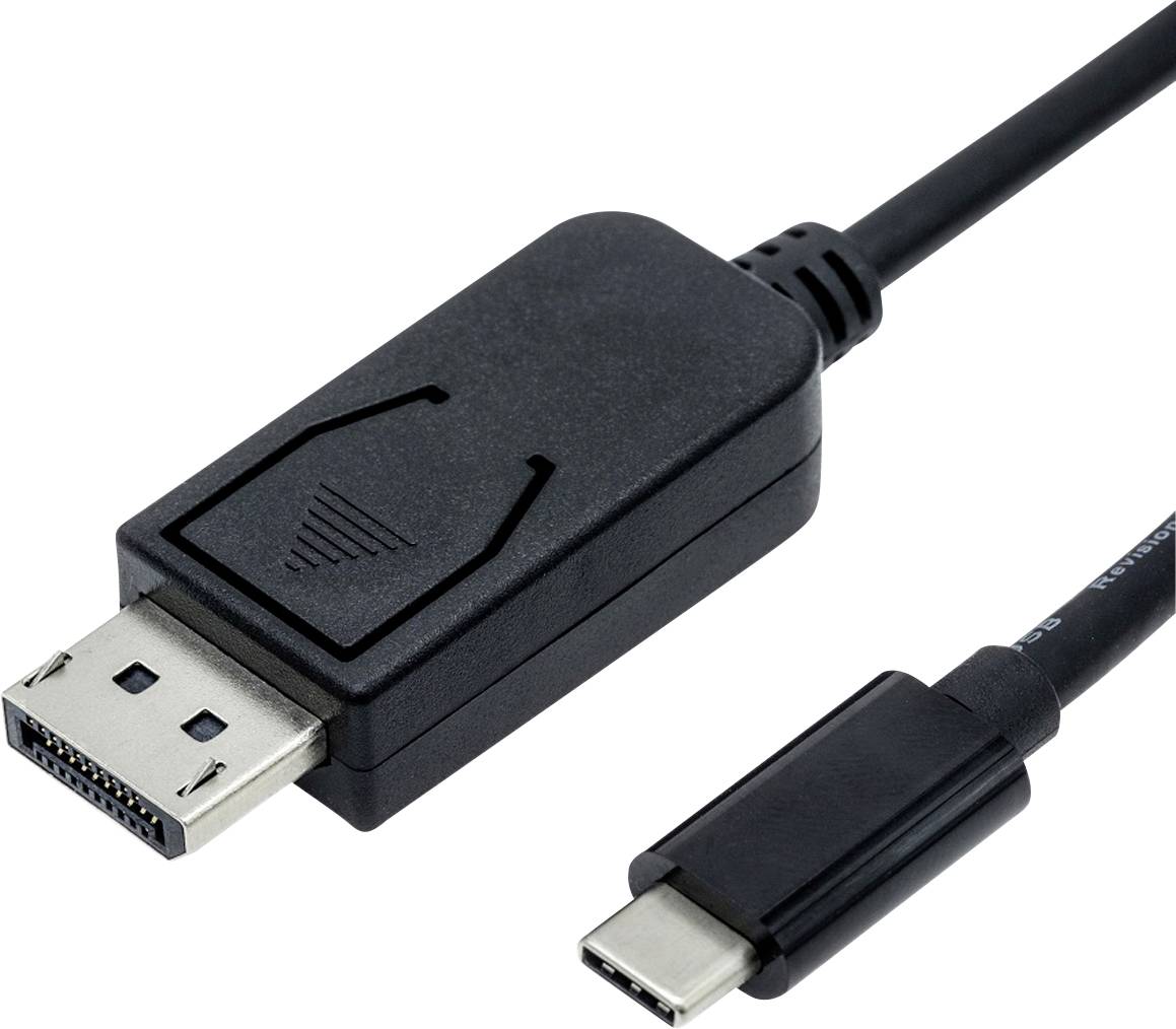 Črn kabel z DisplayPort priključkom na eni strani in USB-C priključkom na drugi strani.