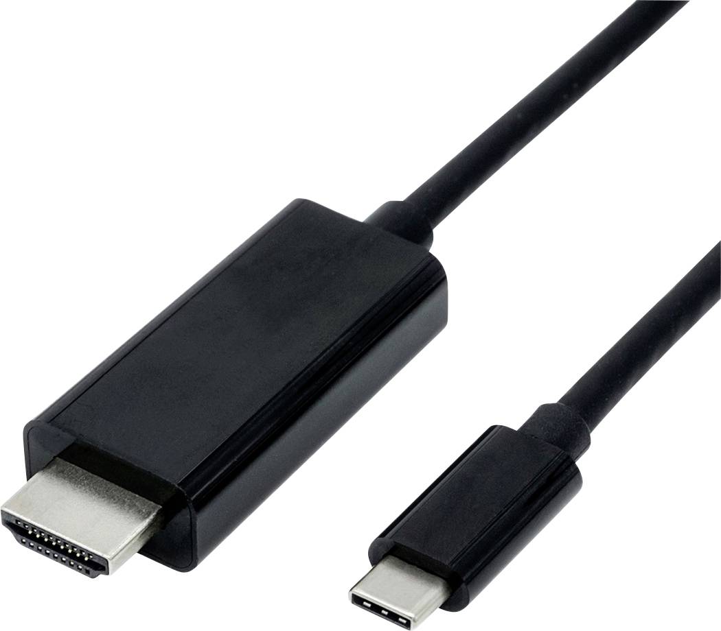 Črn kabel z HDMI- in USB-C-priključki, ki prikazuje možnosti povezovanja med različnimi napravami.
