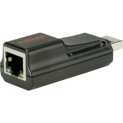 Črn USB na Ethernet adapter z ethernetno vtičnico na eni strani in USB vtičem na drugi strani.