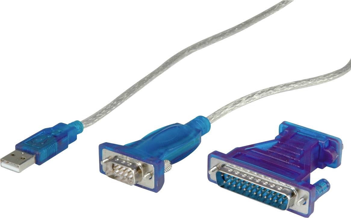 Tri vrste podatkovnih kablov: USB, VGA in paralelni kabel, vsak z modrimi plastičnimi vtiči in prozornim kabelskim ovitjem.