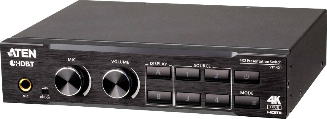 ATEN VP1421 4K prezentacijski preklopnik z upravljalnimi elementi za mikrofon, glasnost, izbiro prikaza in preklop virov, združljiv s HDMI.