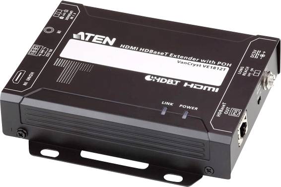Črni HDMI-podaljševalnik s PoH, modelne številke VE1812T podjetja ATEN, prikazuje priključke in LED-indikatorje za povezavo in status napajanja.