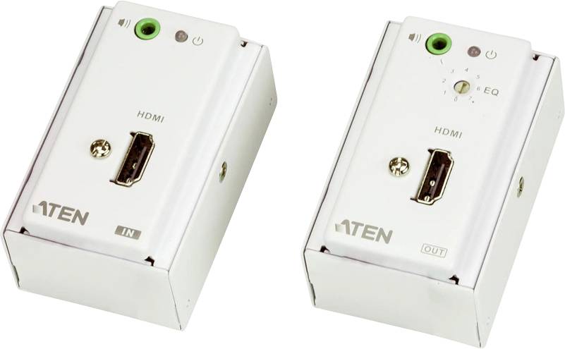 Dva bela HDMI stenska adapterja z logotipom ATEN. Levo priključek 'IN', desno priključek 'OUT'. Oba z kovinskim robom.