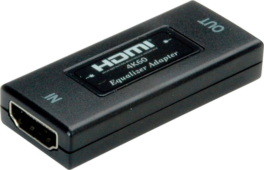 Črn HDMI izravnalni adapter z priključkoma za 'IN' in 'OUT' ter oznako '4K-60'.