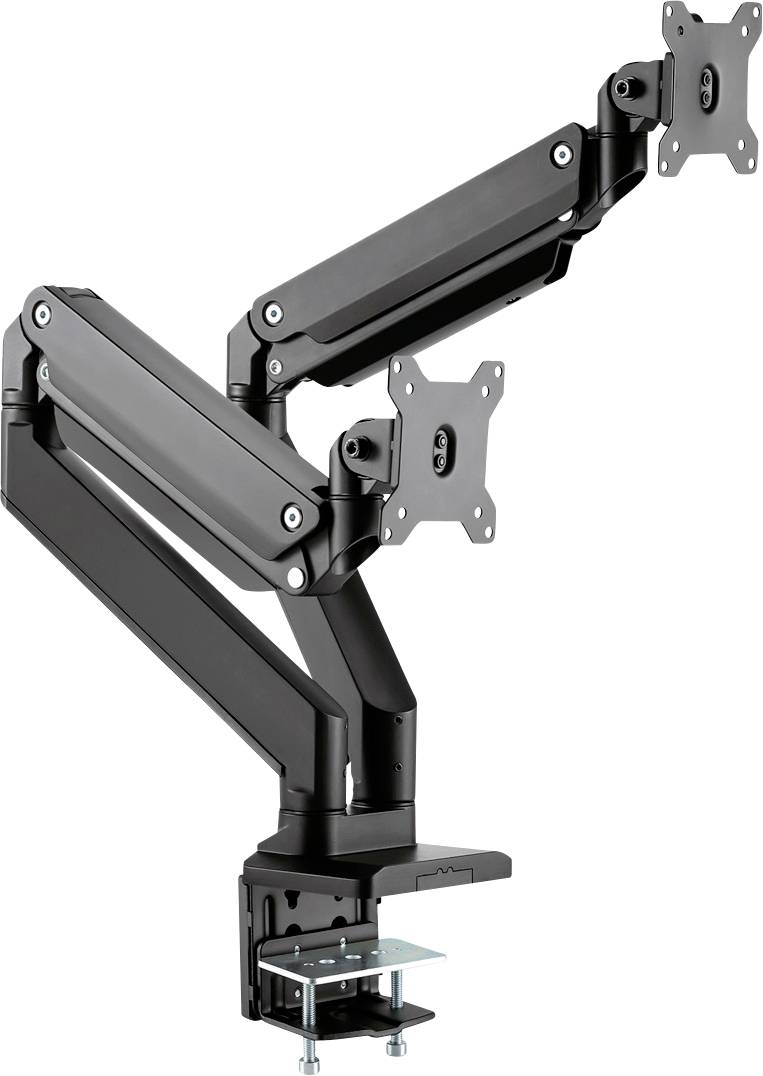 Kovinski dvojni monitor arm, črne barve, z fleksibilnimi sklepi in pritrditvijo s sponko za namestitev na mizo.