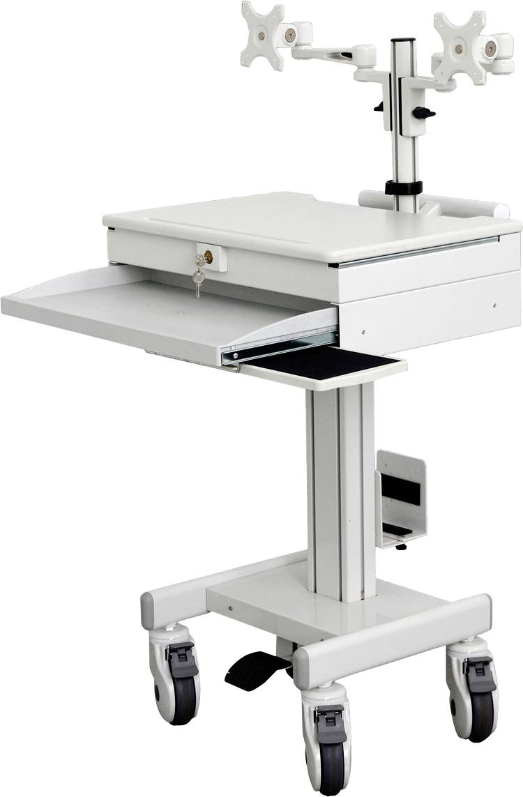 Mobilna medicinska omarica s predalom, z zaklepanjem, na štirih kolesih, primerna za uporabo v zdravstvenih okoljih.