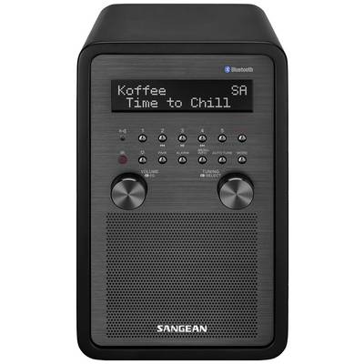 Črn radio z zaslonom prikazuje 'Koffee Time to Chill'. Ima tipke in vrtljive gumbe za upravljanje ter funkcijo Bluetooth.