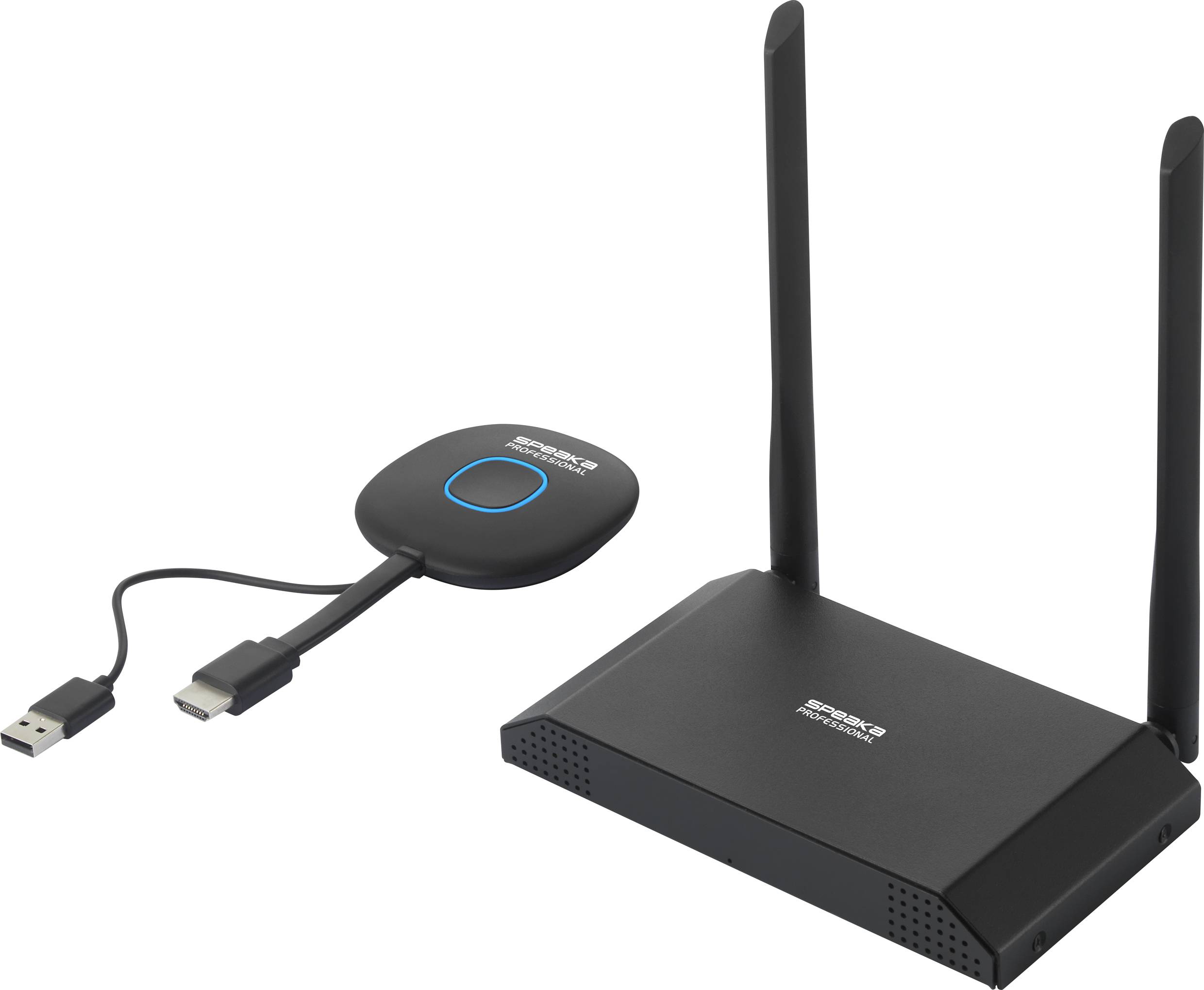 Brezžični predstavitveni sistem, ki ga sestavljata sprejemnik z dvema antenama in oddajnik s kabloma HDMI in USB.