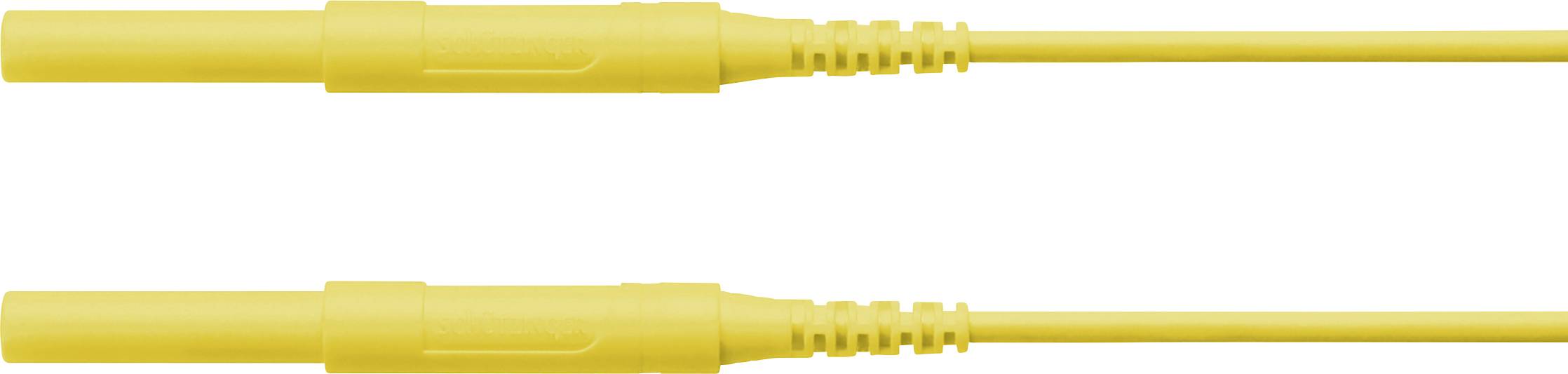 Dva rumena koaksialna kabla, horizontalno poravnana in vzporedno drug drugemu, pred belim ozadjem.