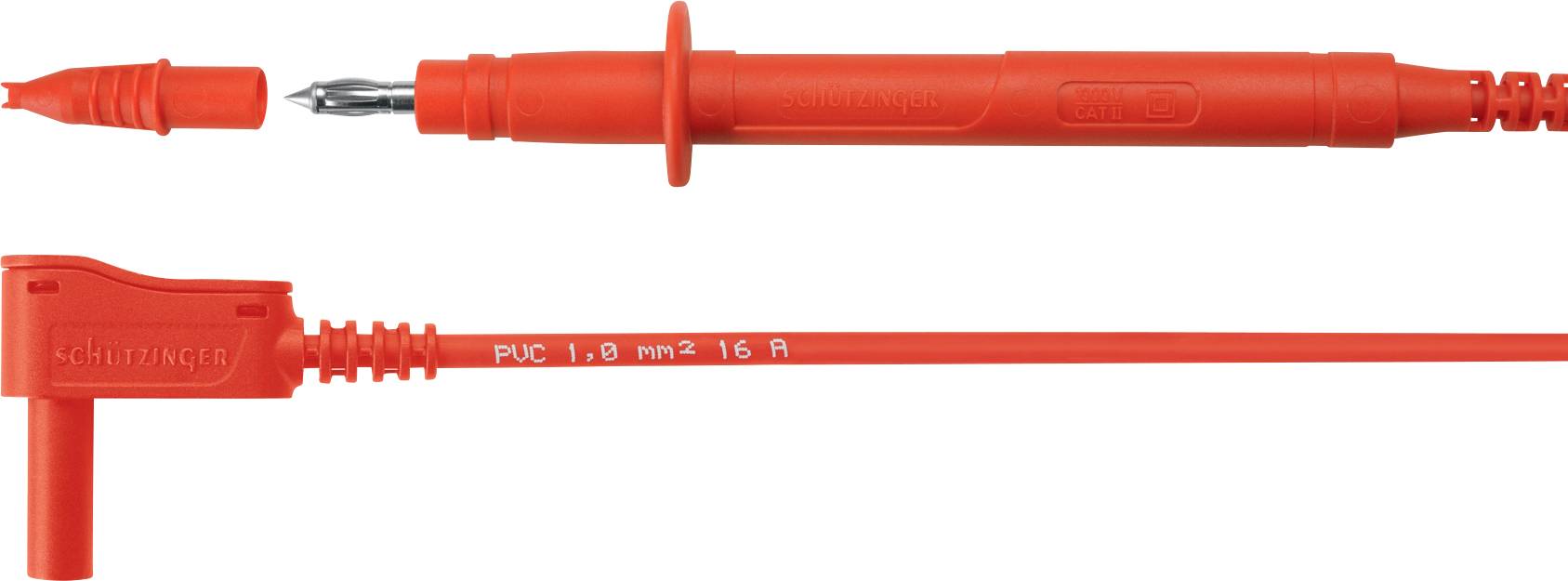 Rdeč testni kabel z odstranljivo zaščitno kapico in oznako 16 A.
