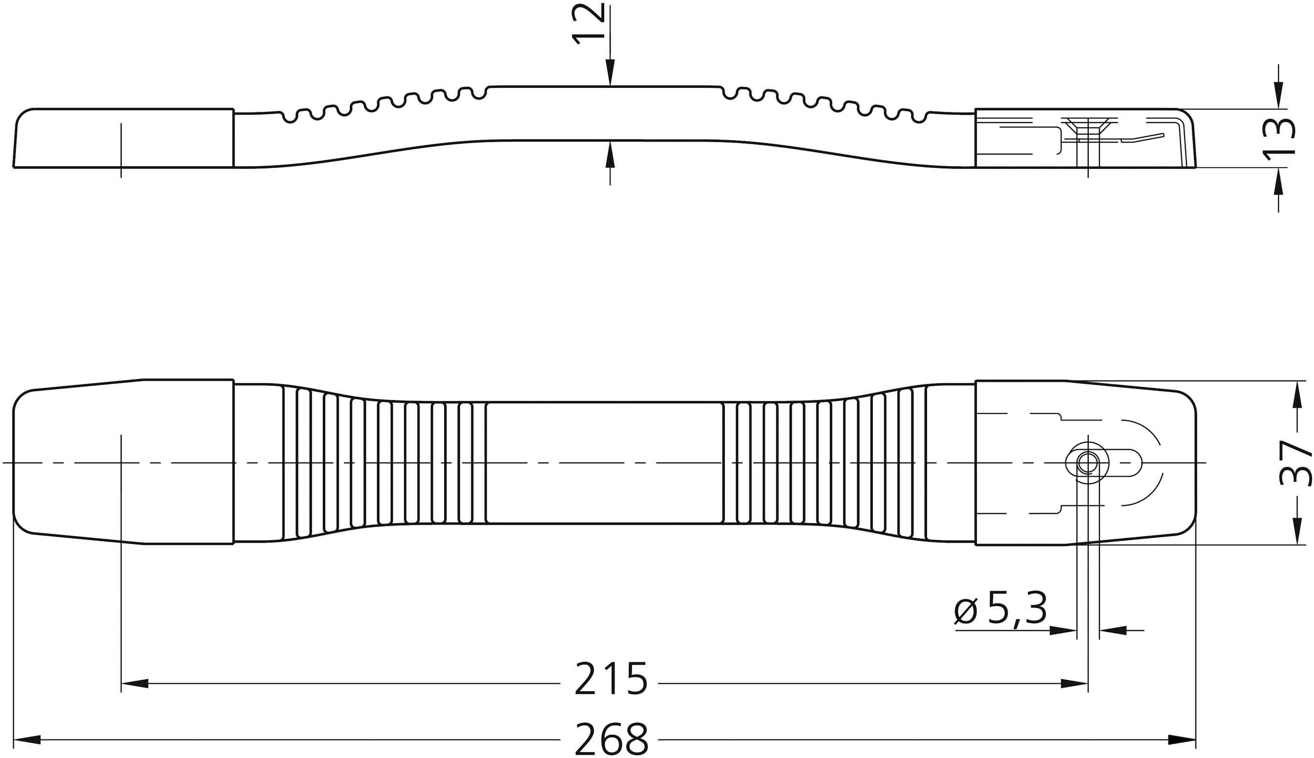 Tehnična risba ročaja z merami: dolžina 268 mm, širina 37 mm, premer 5,3 mm, prikazani višinski profili in podrobnosti.