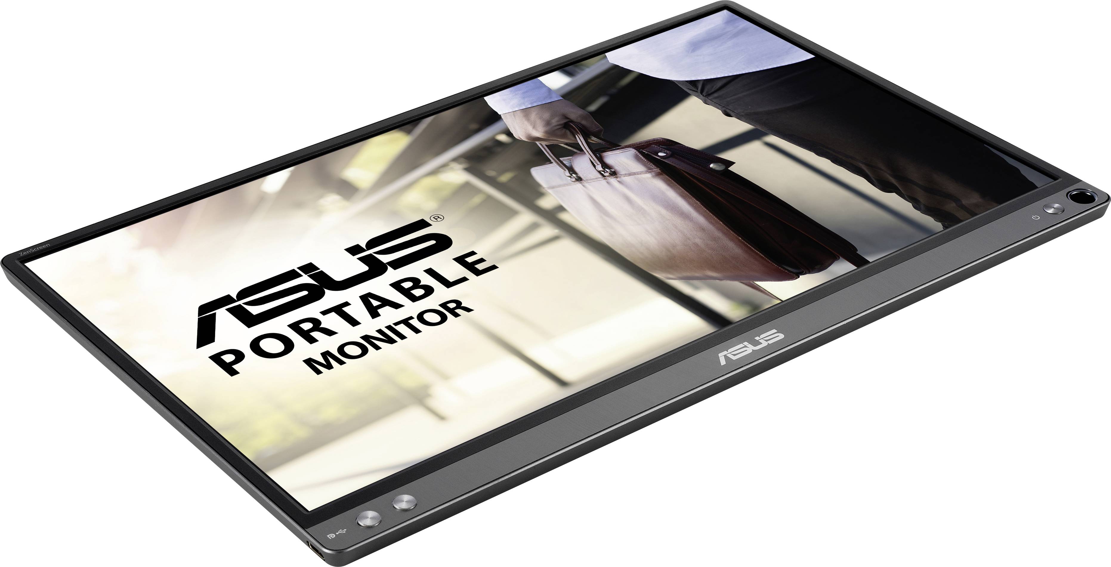ASUS prenosni monitor in oseba z aktovko v ozadju.
