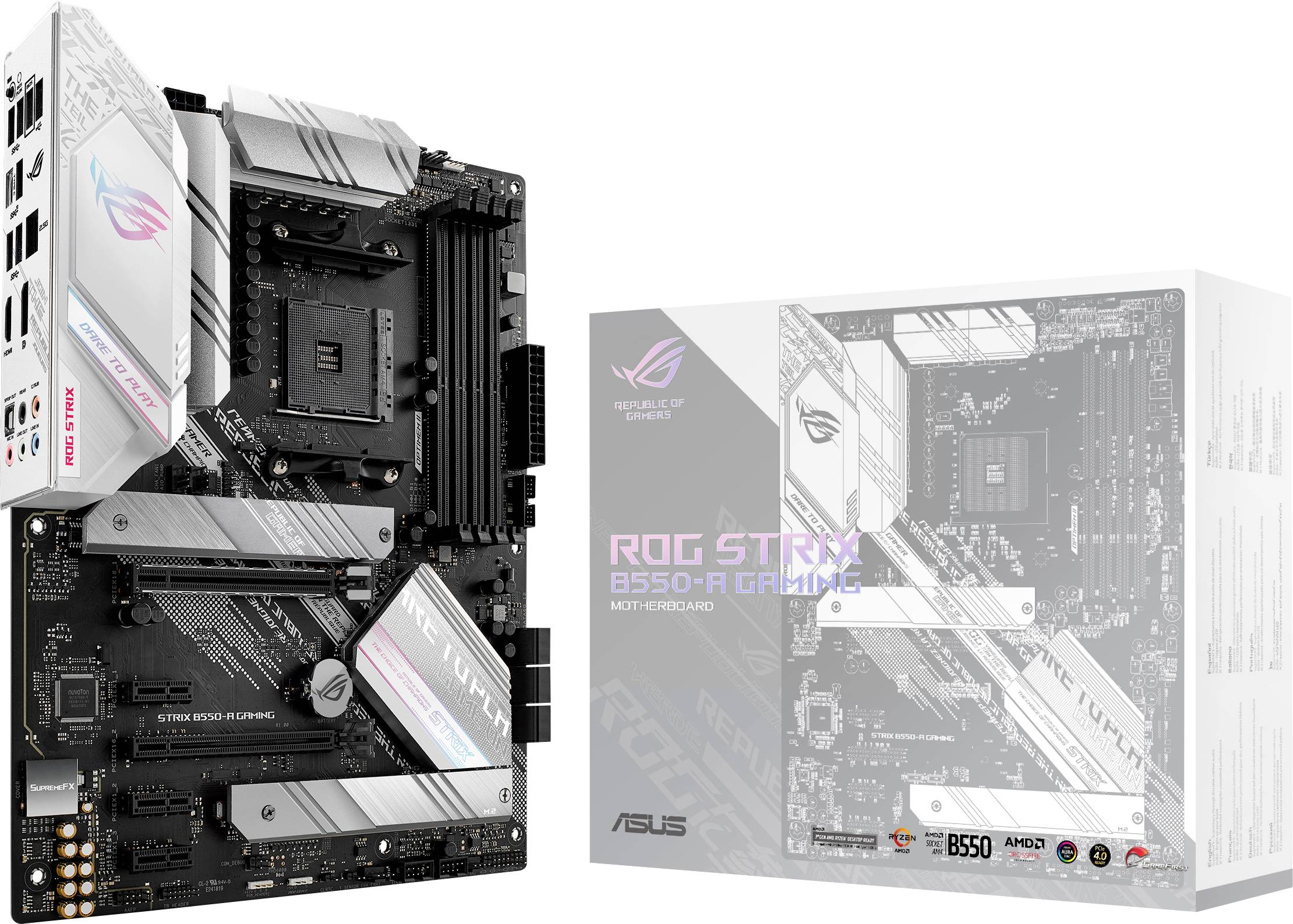 ASUS ROG Strix B550-A Gaming matična plošča, ATX format, črni in beli elementi, s kartonsko embalažo v ozadju.