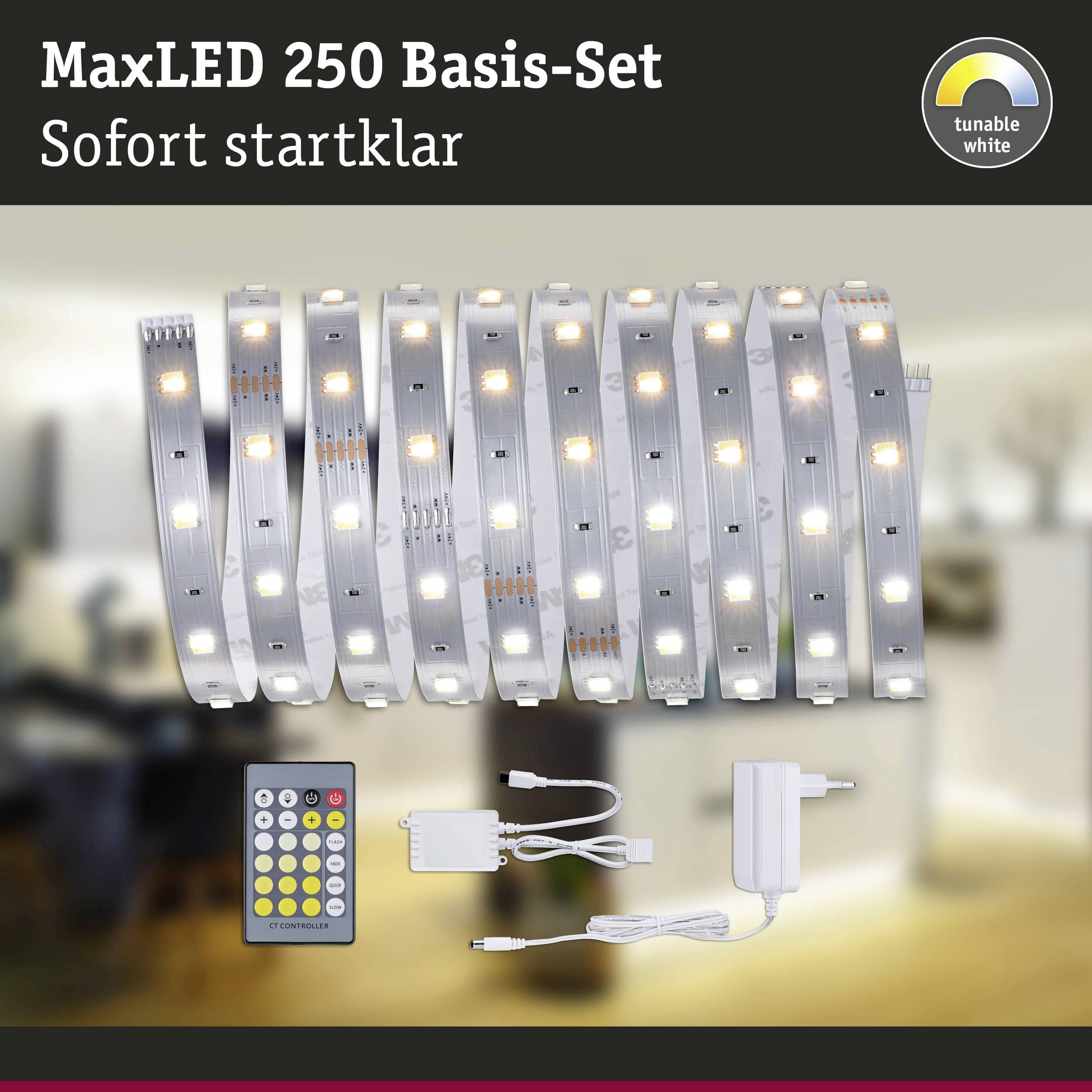 MaxLED 250 osnovna sestava, ki vključuje LED trak, daljinski upravljalnik in napajalnik. Napis zgoraj: 'Takoj pripravljen za uporabo'.