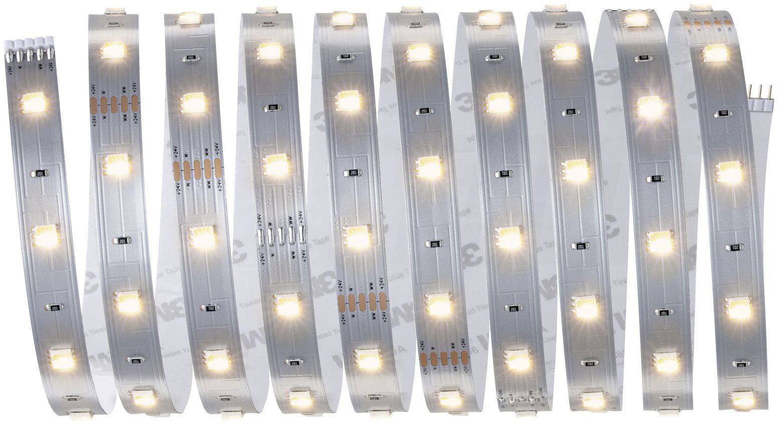 LED svetlobni trak z toplimi belimi LED diodami, nameščenimi v spiralni obliki na odsevnem ozadju.