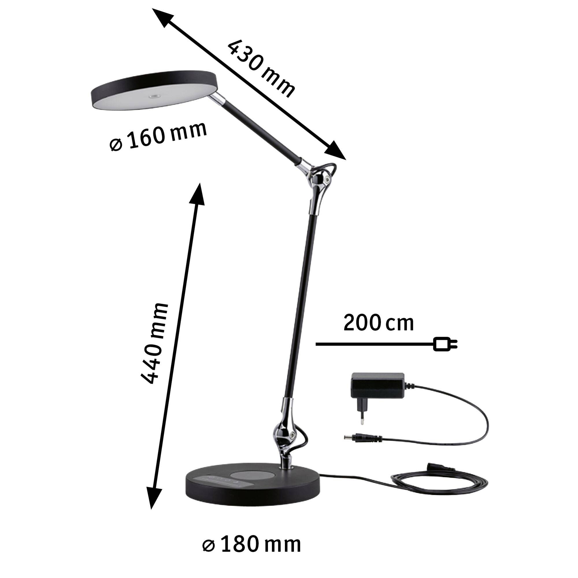 Namizna svetilka z nastavljivo roko, dolga 430 mm. Svetilka je premera 160 mm, podstavek pa 180 mm. Električni kabel je dolg 200 cm.