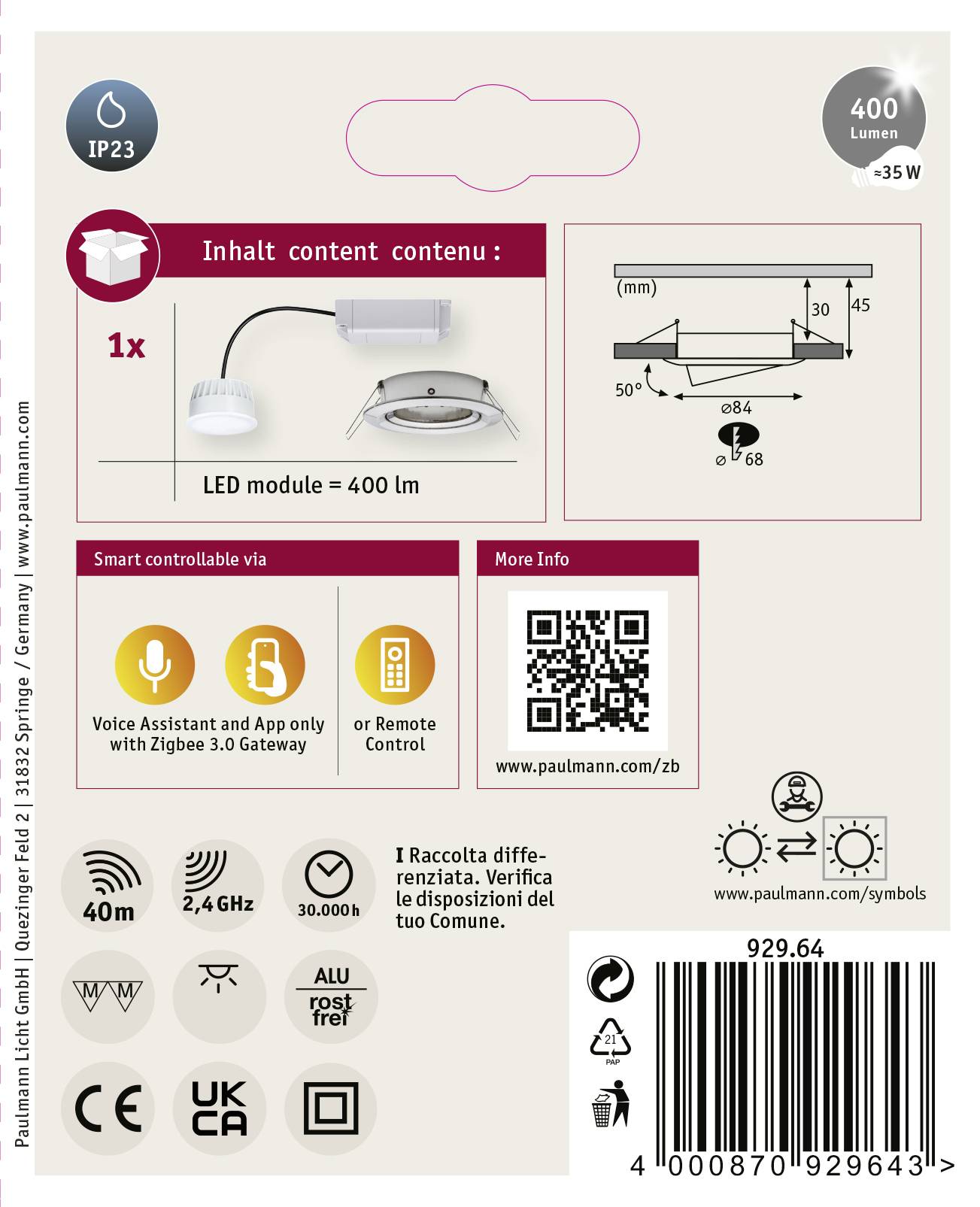 Zadnja stran embalaže LED modula. Prikazuje 400 lumnov, 6,8 W, mere, QR-kodo za dodatne informacije in kompatibilnost z glasovnim nadzorom.