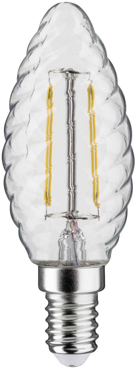 LED-sijalka v obliki sveče z Edison navojem, zasukana, z vidnimi nitkami v notranjosti.