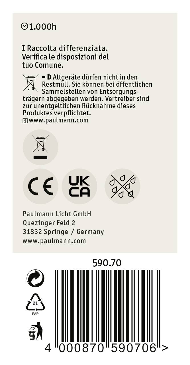 Nalepka z opozorili za pravilno odstranjevanje, informacijami o izdelavi in črtno kodo za izdelek podjetja Paulmann Licht GmbH.