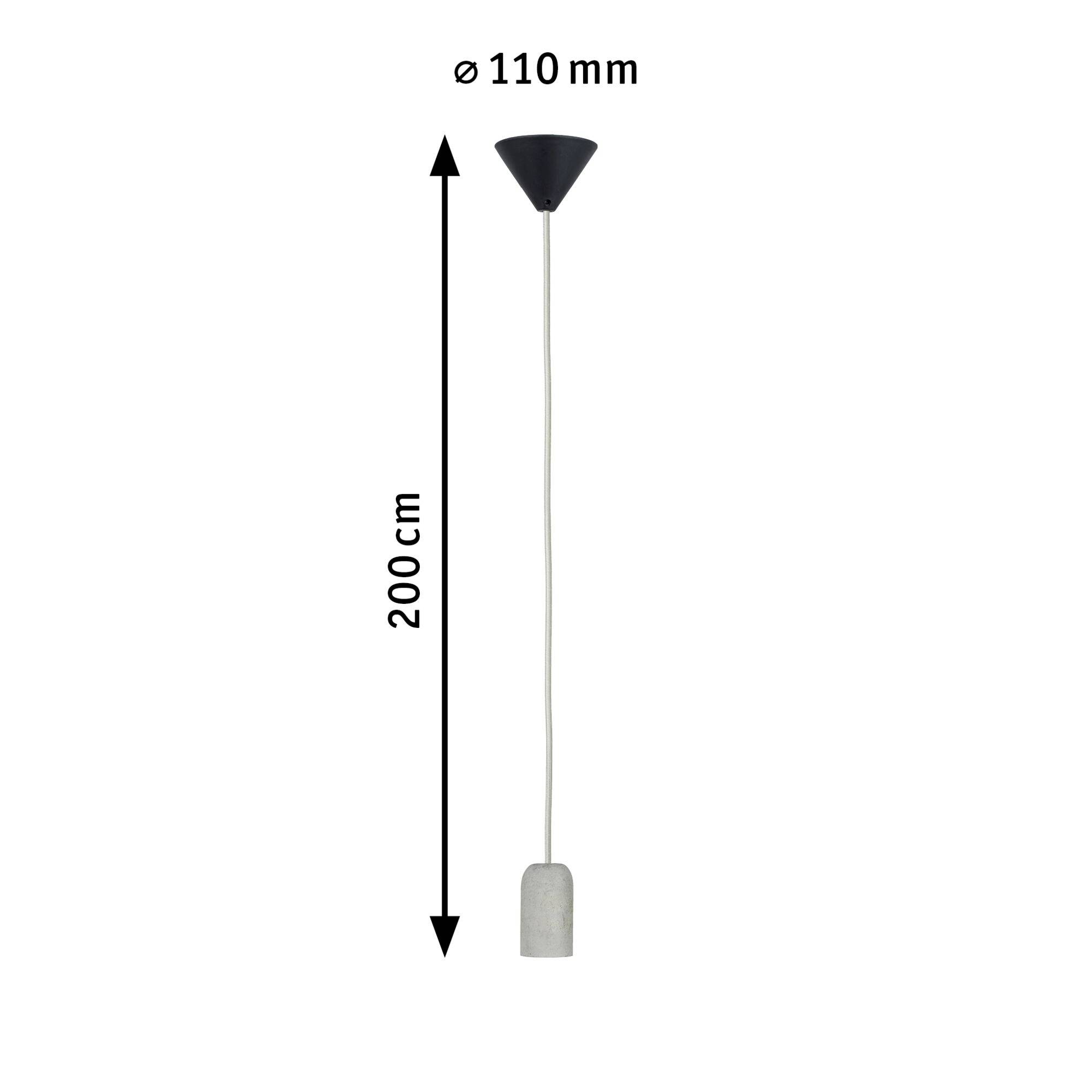 'Betonska viseča svetilka s črnim sencilom, skupna dolžina 200 cm, premer senčnika 110 mm.'
