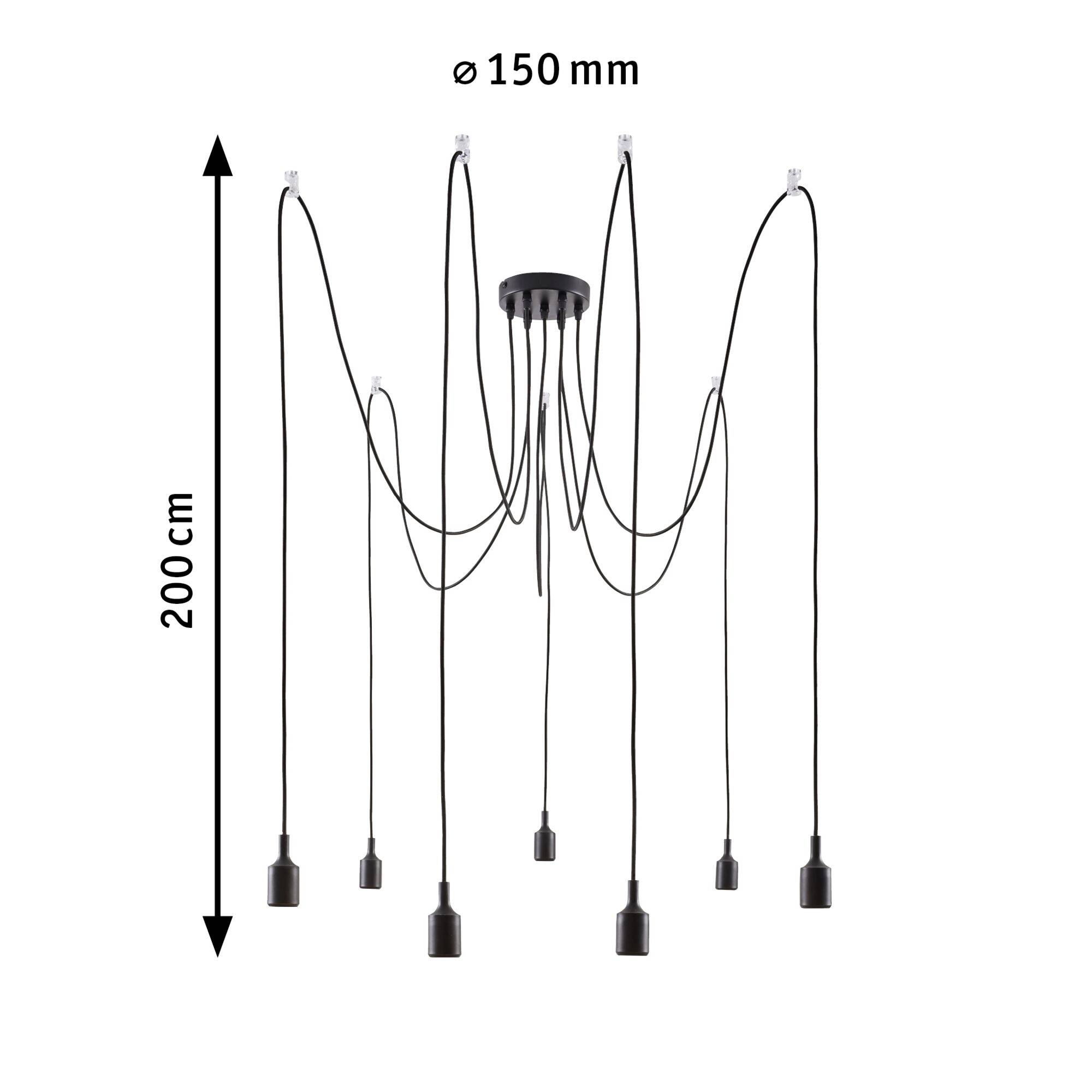 Črna viseča svetilka z osmimi podolgovatimi kabli, vsak s sijalko na koncu, premer 150 mm, višina 200 cm.
