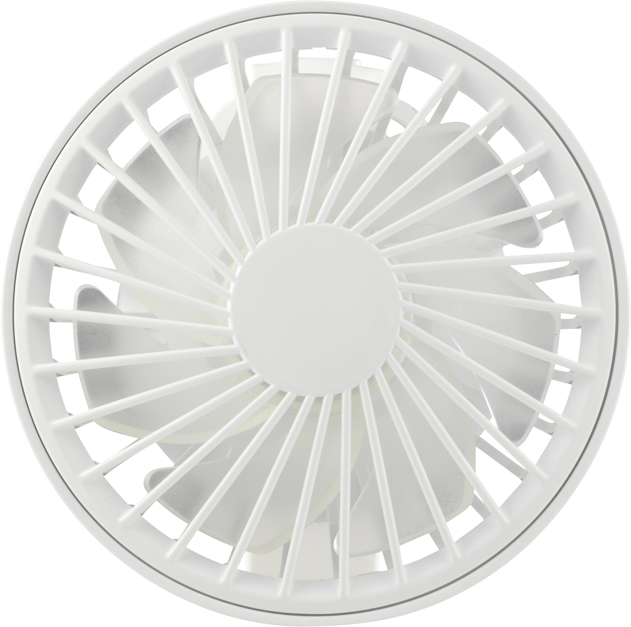 Bel, okrogel ventilator z mrežasto zaščito, posnet od zgoraj. Izklopljen je.