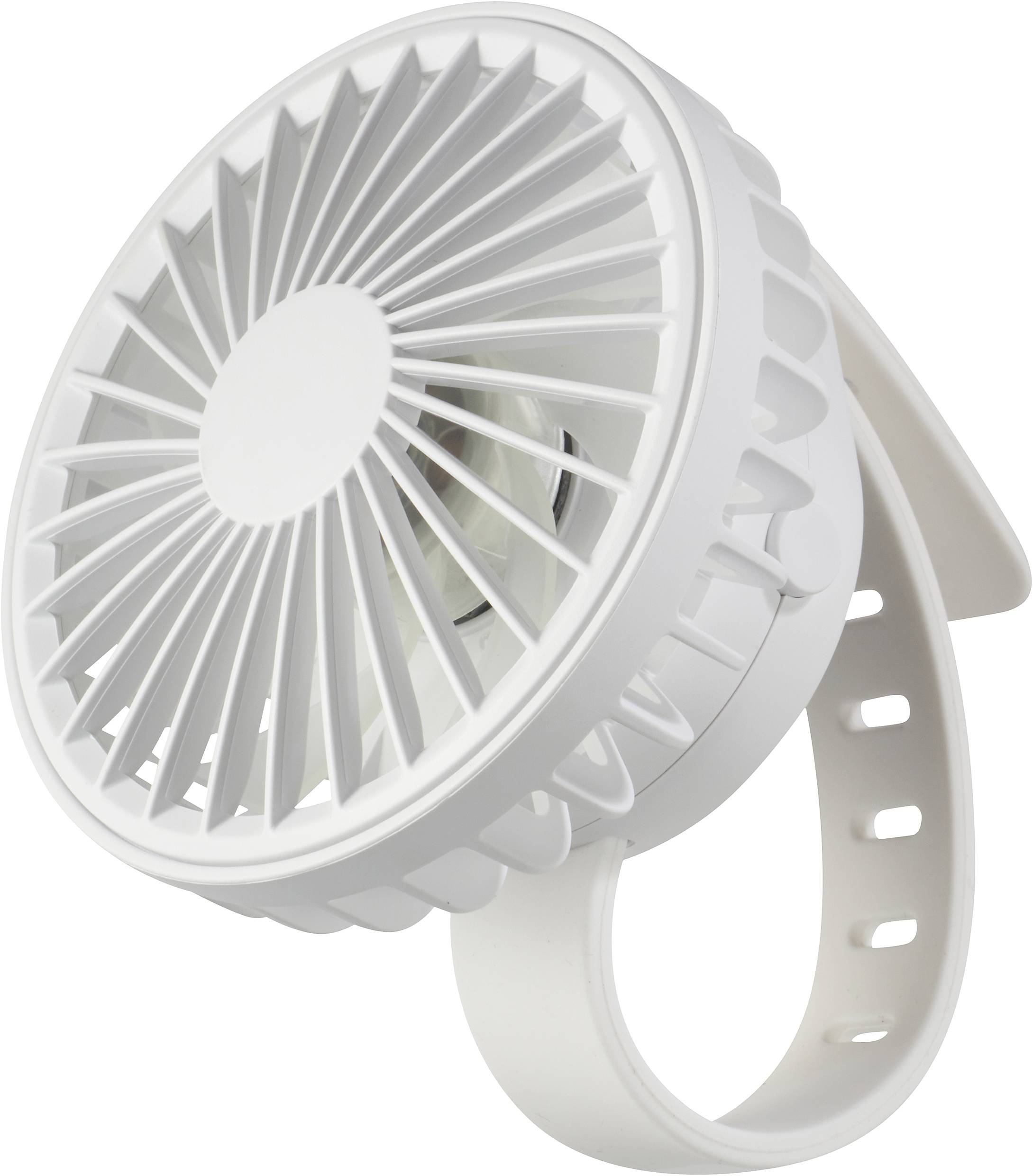 Bel namizni ventilator z rešetkasto zasnovo in nastavljivo podstavko, primeren za osebno hlajenje.