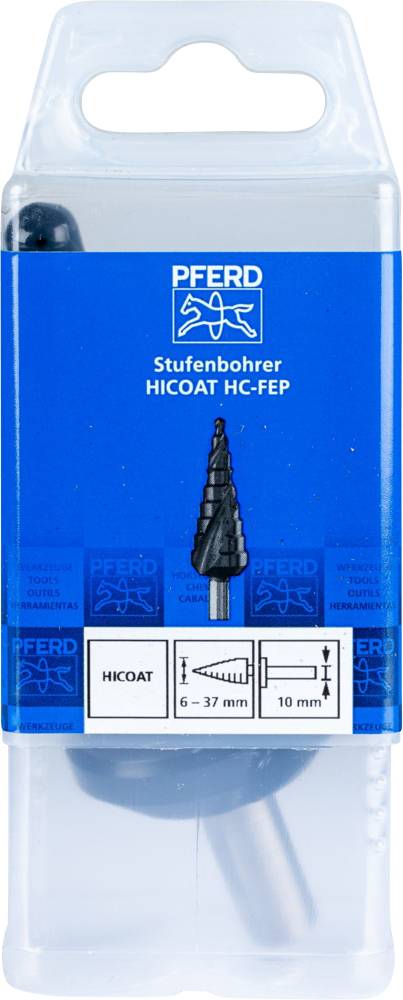 'PFERD Stopenjski sveder HICOAT HC-FEP' na modri podlagi. Prikazan je črn stopenjski sveder velikosti 6-37 mm in 10 mm.