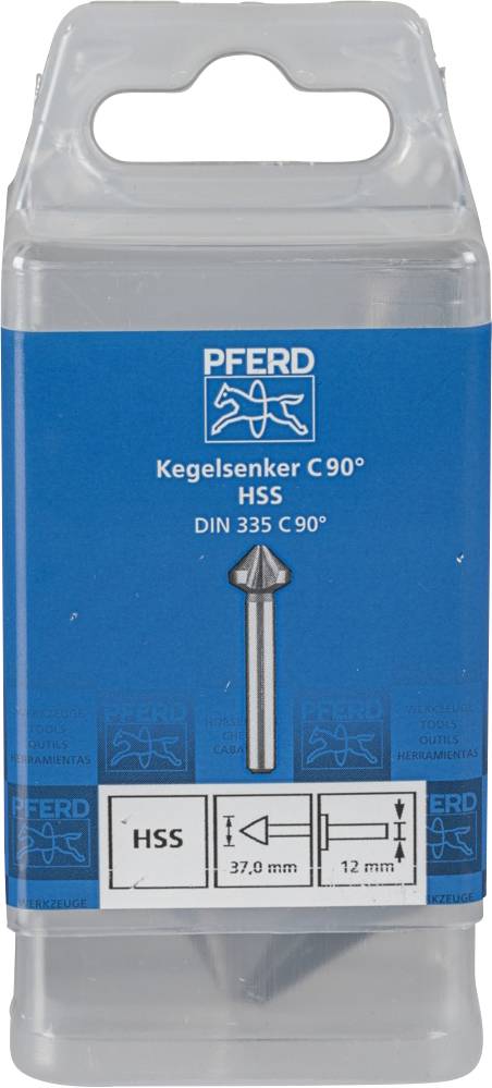 Embalaža stožčastega povrtala znamke 'PFERD', z 90° kotom. Napis: 'HSS DIN 335 C 90°'. Mere: 37,0 mm premer, 12 mm debeline.