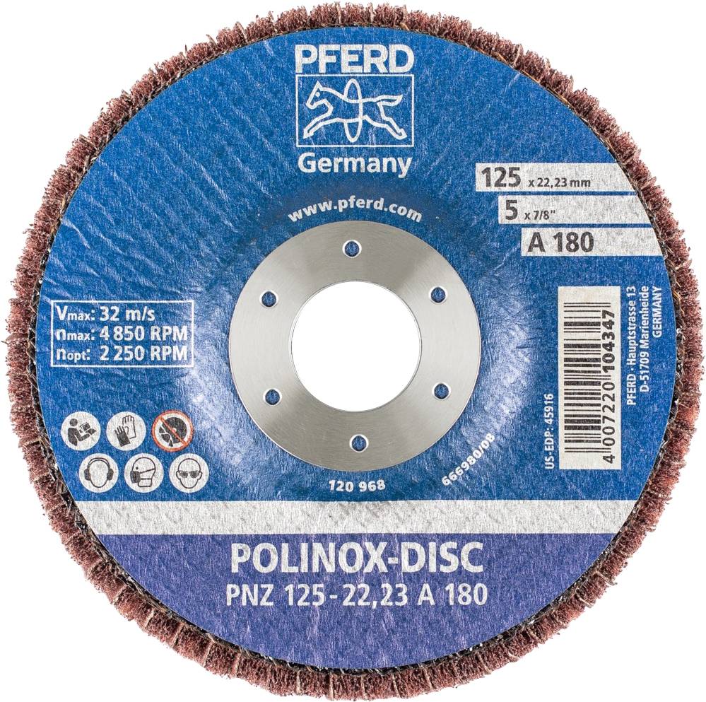 'PFERD POLINOX-DISC' brusilni disk, okrogel, rjavo-rdeč z kovinsko ploščo v sredini, podatki: 32 m/s, maks. 4.850 obr/min, priporočeno 2.250 obr/min.