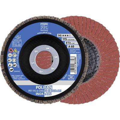 Brusilni disk s centralno kovinsko ploščo in rdečimi abrazivnimi lamelami, primeren za nerjavno jeklo in aluminij, znamke Pferd.