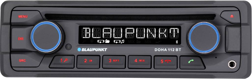 Avtoradio "Blaupunkt DOHA 112 BT" z modrim digitalnim prikazovalnikom. Gumbi za glasnost, izbiro postaje in bluetooth povezljivost.