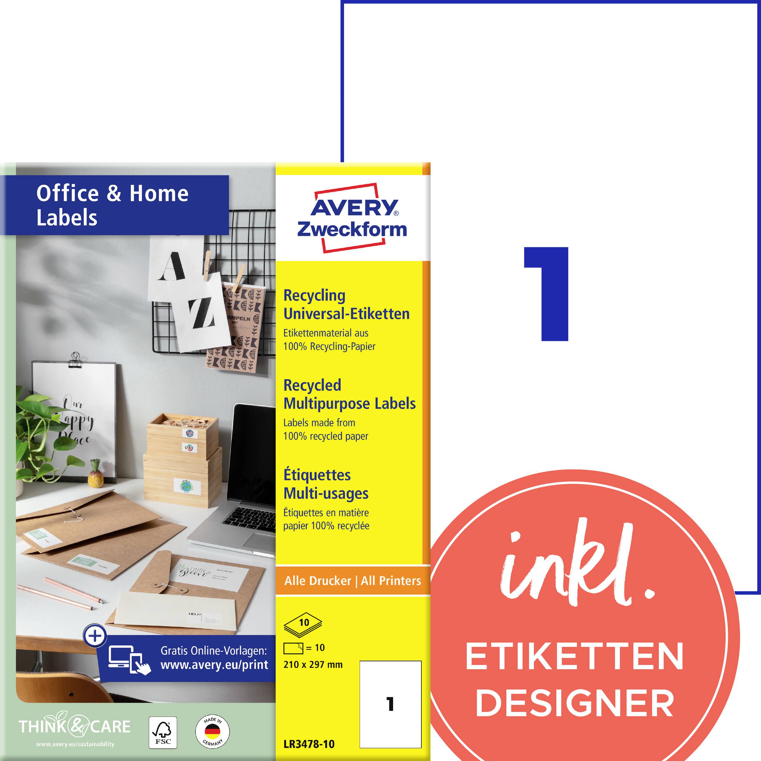 Paket nalepk Avery Zweckform iz recikliranega materiala za pisarniške in domače tiskalnike, označen z '1' in 'inkl. ETIKETTEN DESIGNER'.