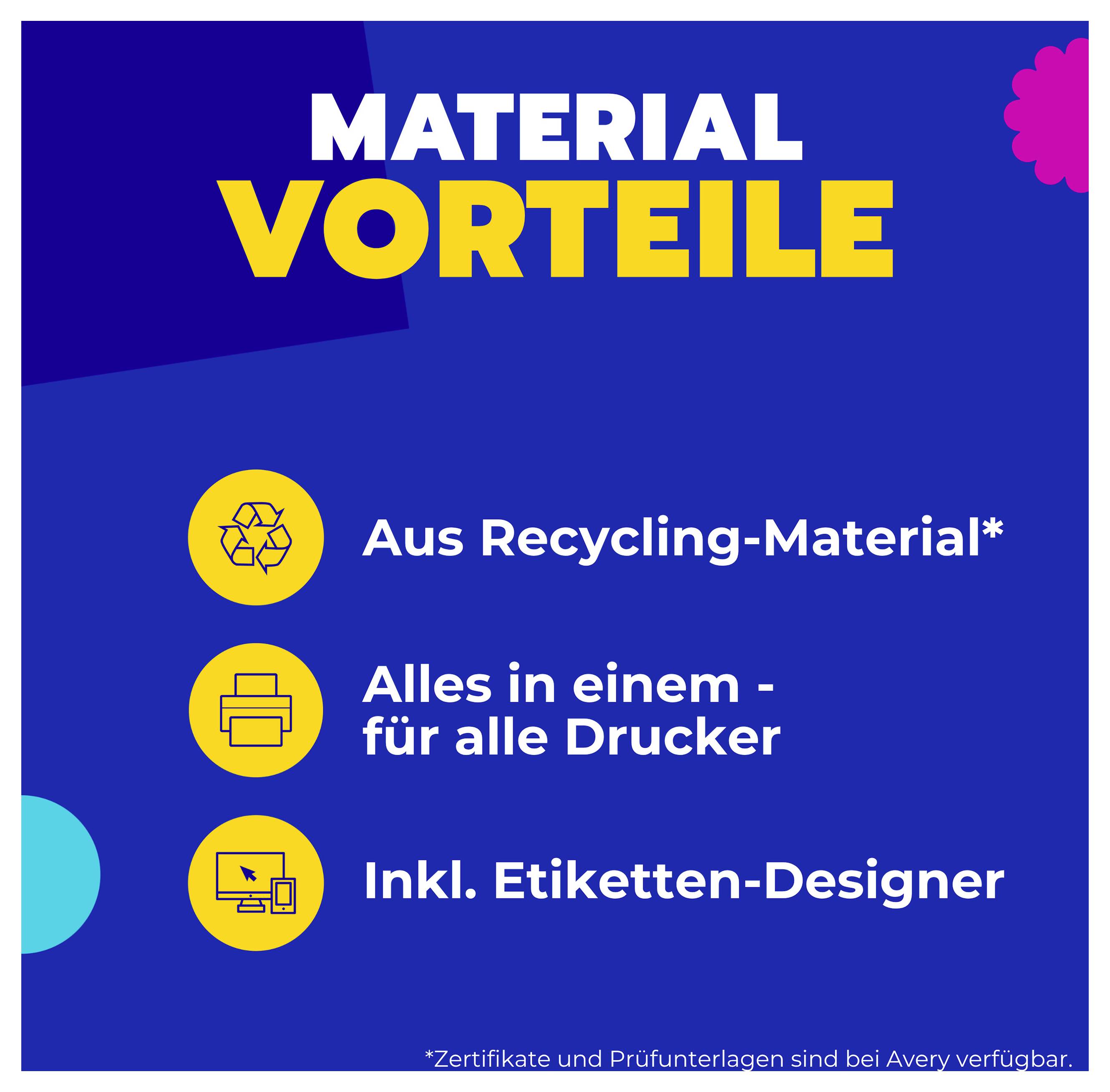 Infografika »Prednosti materiala« s tremi točkami: iz recikliranega materiala, vse v enem za vse tiskalnik, vključno s programom za oblikovanje nalepk; opozorilo na razpoložljive certifikate.