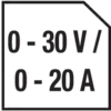'Nalepka z oznako: 0 - 30 V / 0 - 20 A.'
