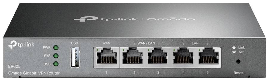 TP-Link Omada Gigabitni VPN usmerjevalnik s petimi ethernet priključki in USB portom, primeren za podjetniška omrežja. Vključuje statusne indikatorje.