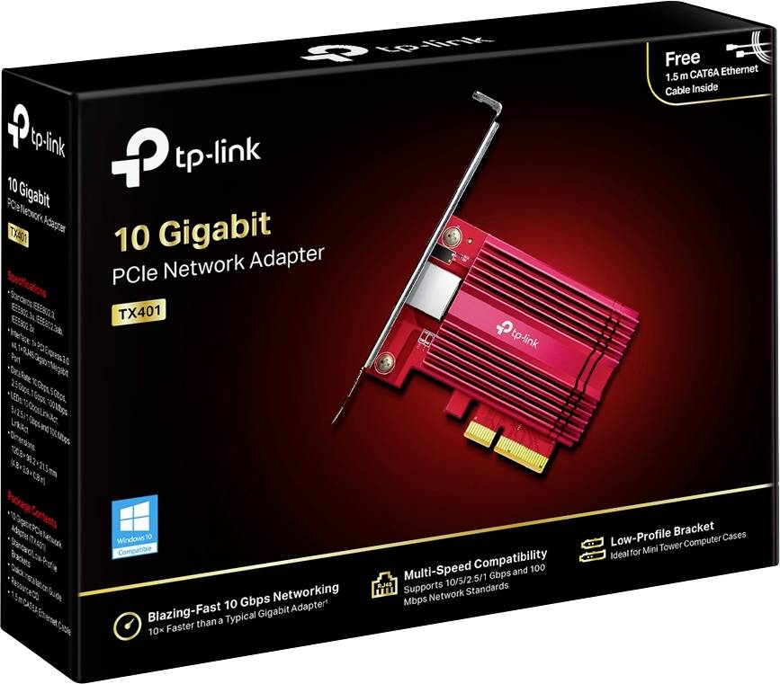 Črna embalaža TP-Link 10-gigabitne PCIe-omrežne kartice, model TX401, z hitro mrežno povezavo in večstopenjsko kompatibilnostjo.