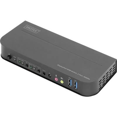 Digitus DisplayPort KVM-stikalo z 2 priključkoma in podporo 4K@60Hz, opremljeno z dvema USB-priključkoma in različnimi avdio priključki.