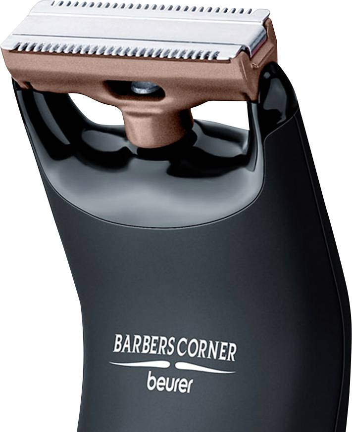 Električni strižnik v črni barvi z napisoma 'Barbers Corner' in 'beurer' na sprednji strani.