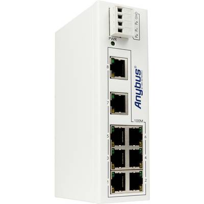 Industrijski omrežni stikalni element z osmimi Ethernet vrati in indikatorjem napajanja. Napis: 'Anybus'.