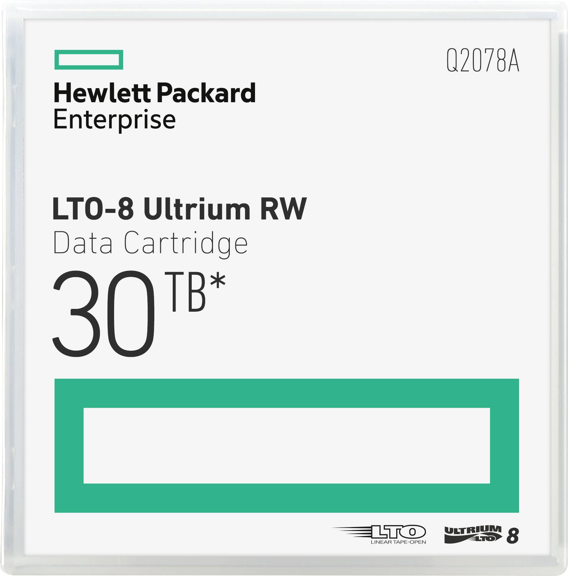 LTO-8 Ultrium RW podatkovna kaseta podjetja Hewlett Packard Enterprise s kapaciteto 30 TB, modelna številka Q2078A.