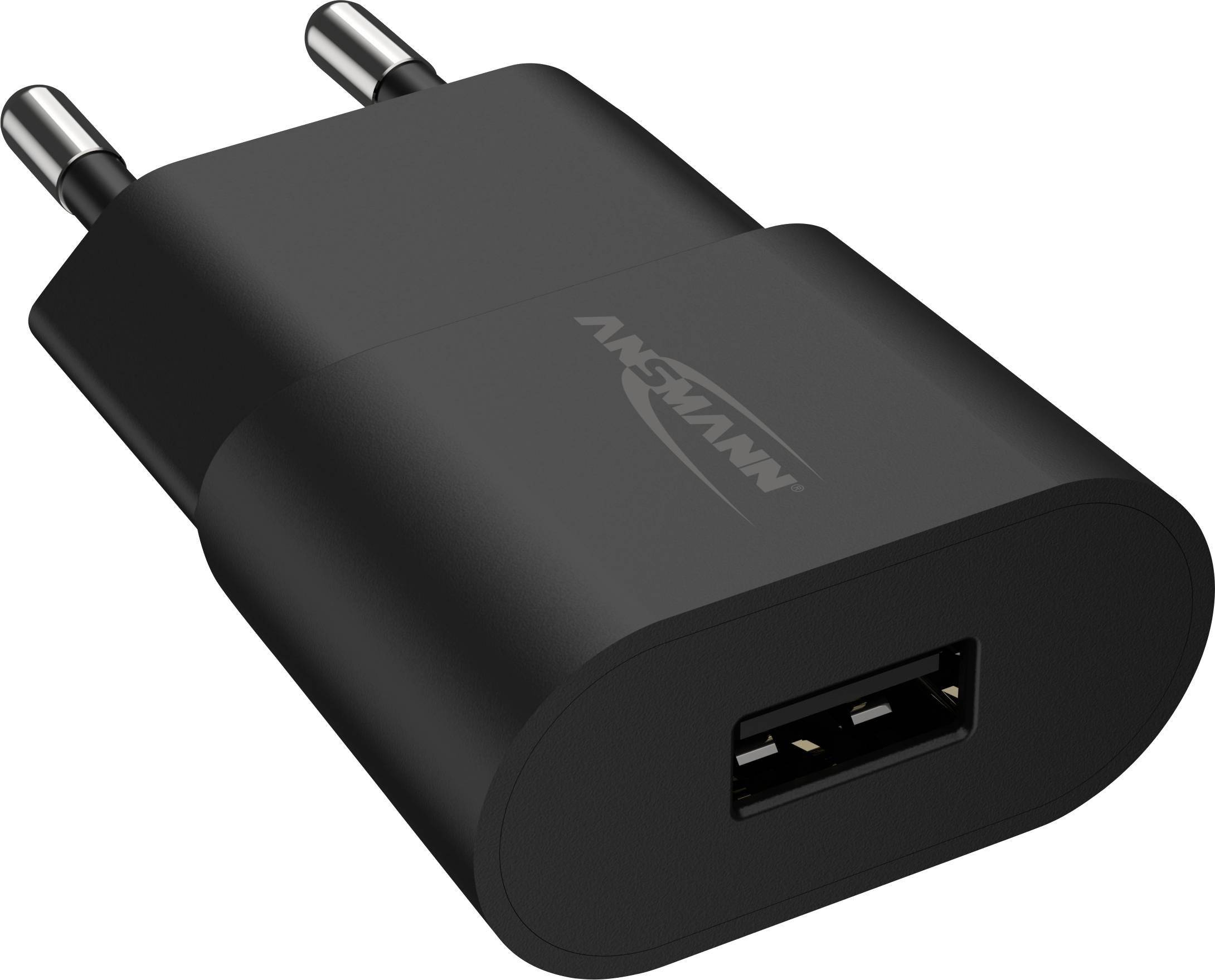Črn USB polnilec z evropskim vtičem, primeren za mobilne naprave.